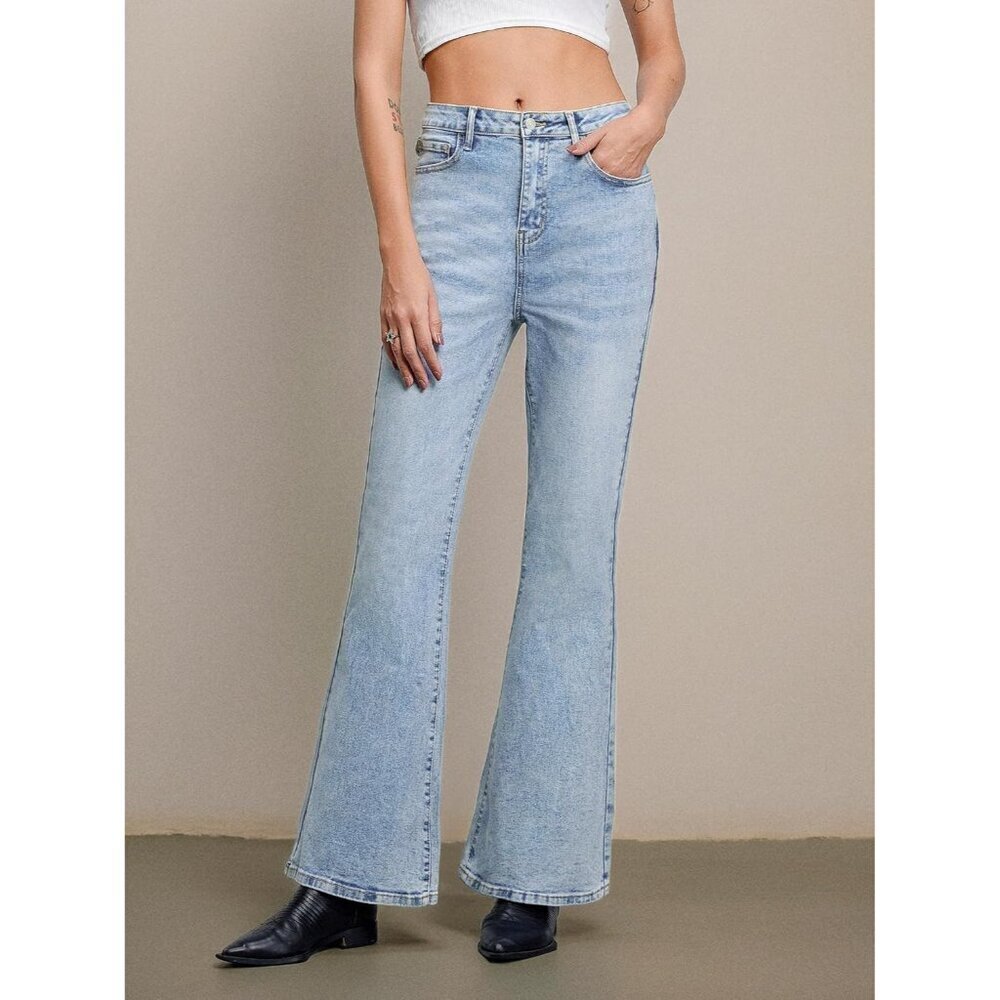 Women Flared Denim Jeans High Waist Y2K Distressed Bootcut Pants - Picture 2 of 7